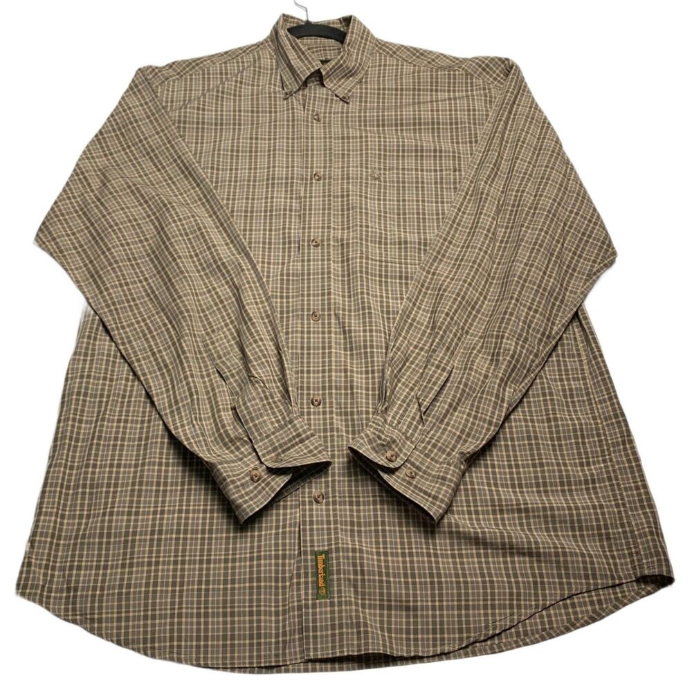 Timberland Men’s M Gray Tan Plaid Button Down Shirt Long Sleeve Tencel Cotton